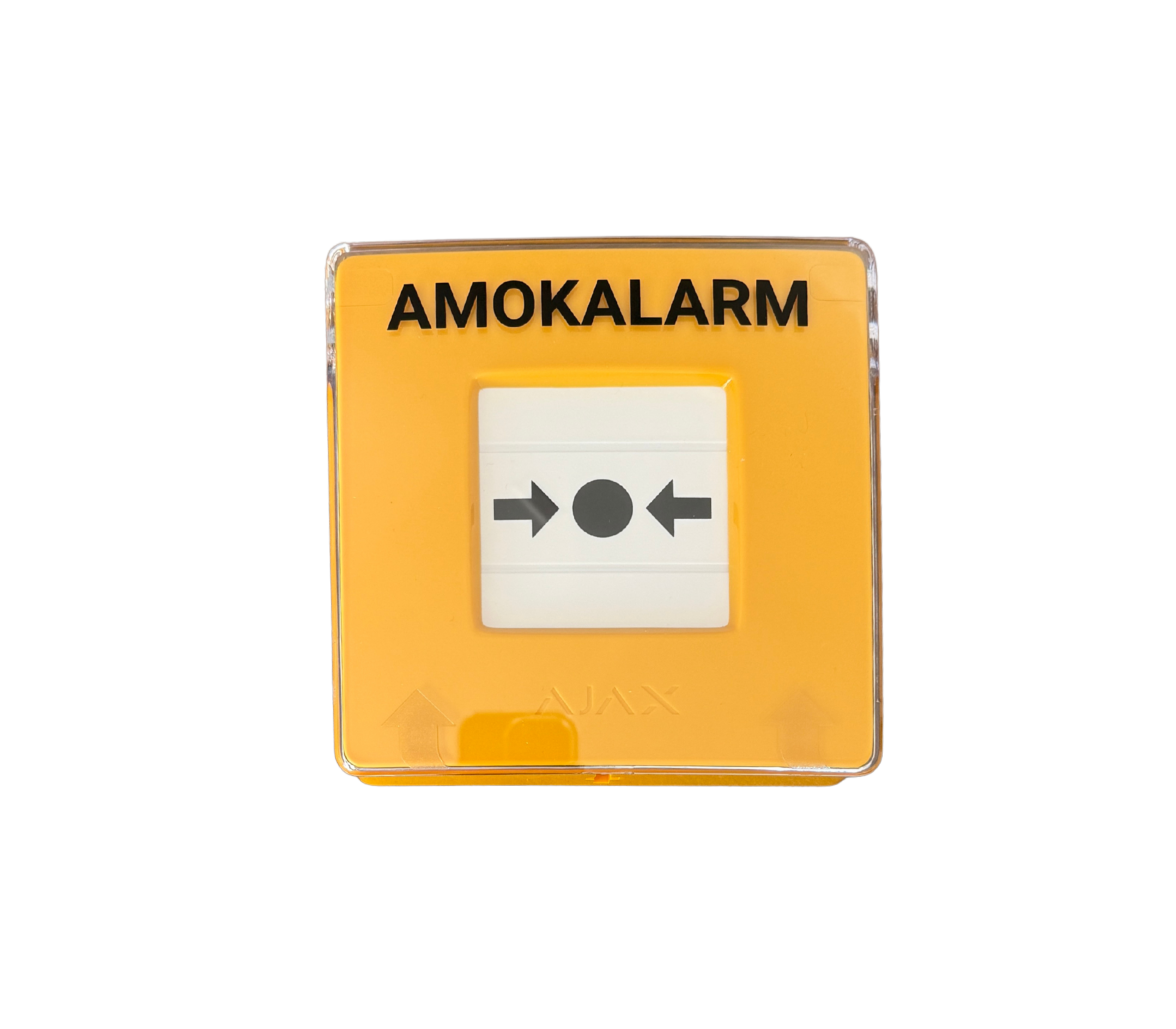 Gelbes Notfallsignal mit der Aufschrift "AMOKALARM" und einem Symbol zum Aktivieren des Alarms.