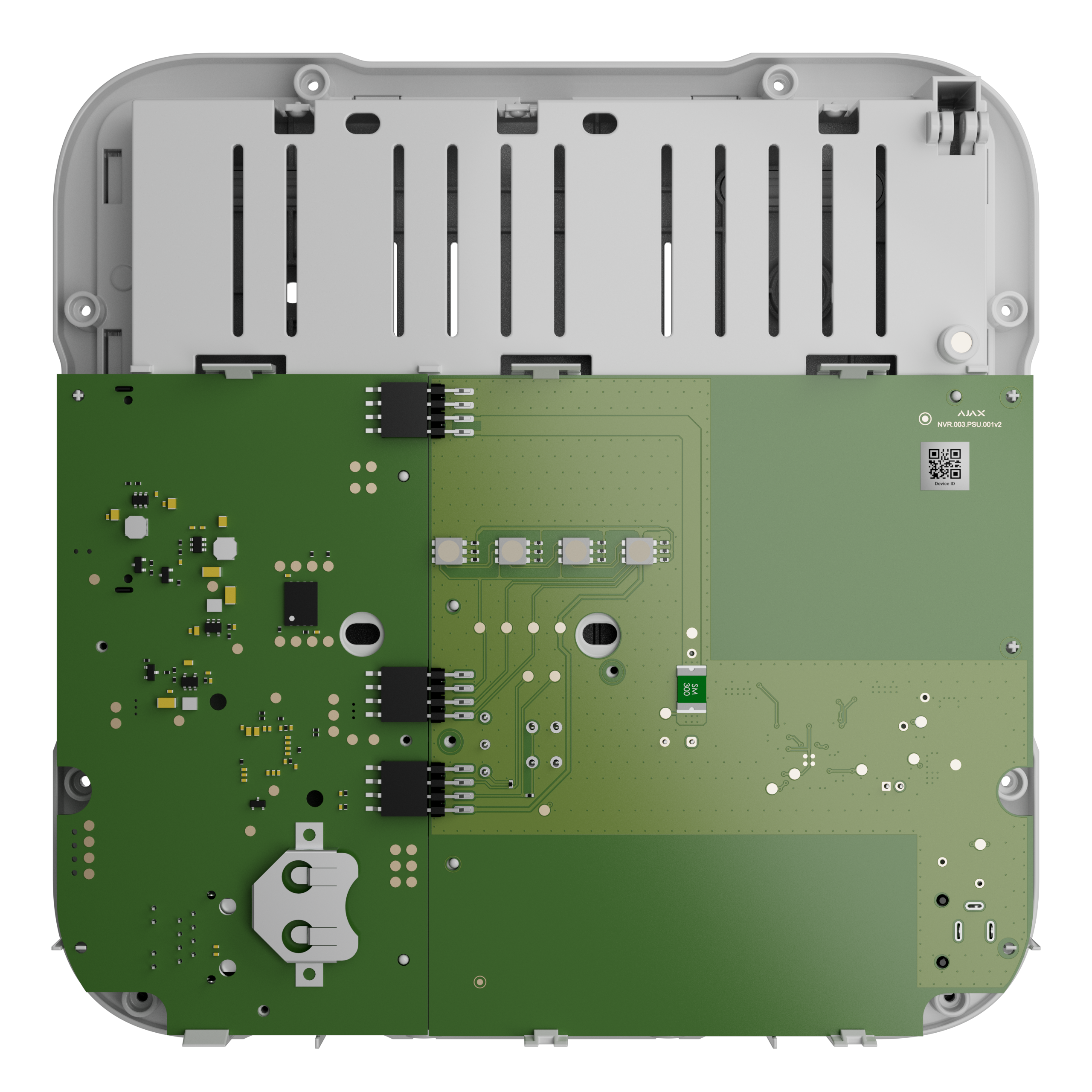 Grüne Leiterplatte mit verschiedenen elektronischen Komponenten und Anschlüssen in einem weißen Gehäuse.