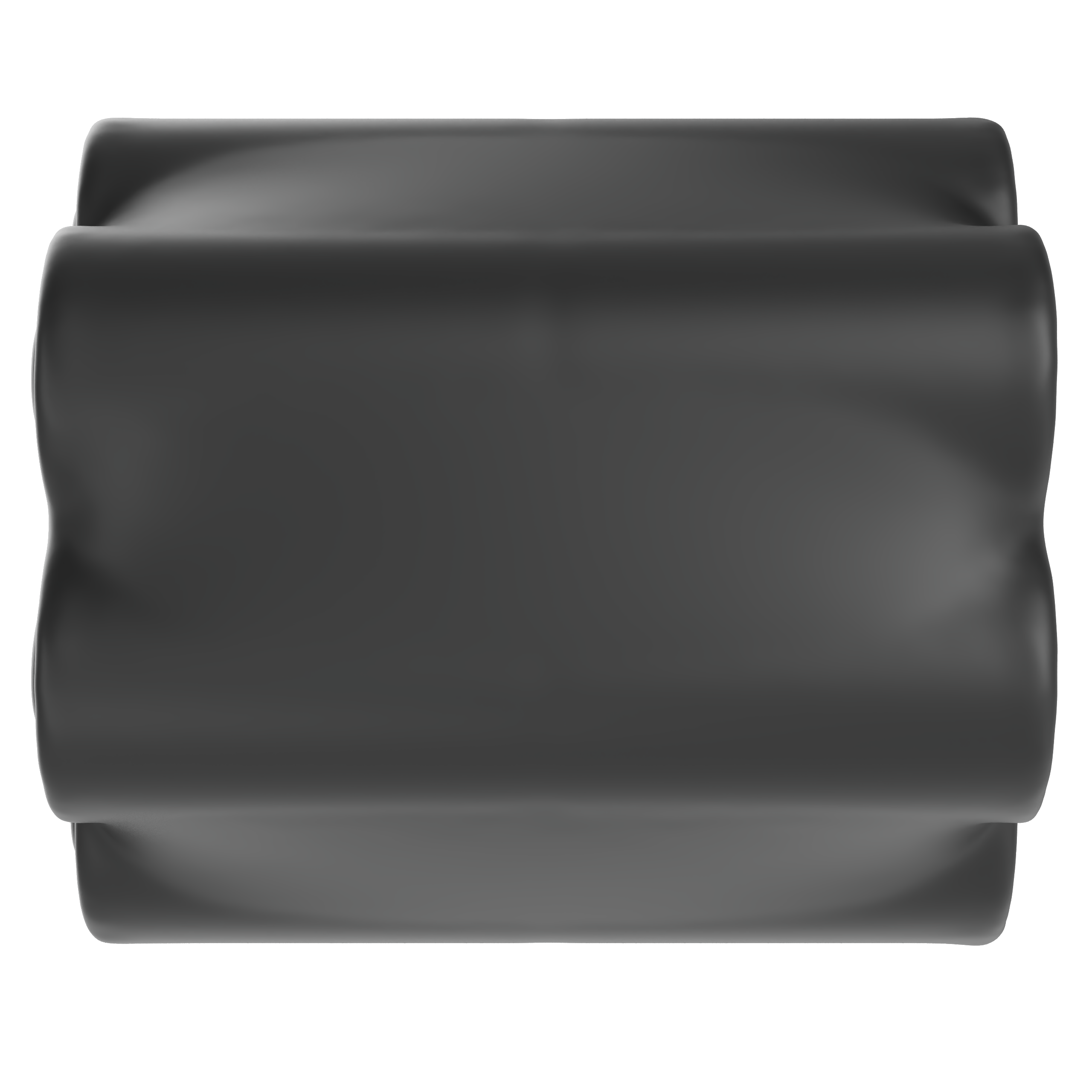 Eine schwarze, abgerundete, rechteckige Struktur mit glatten Oberflächen vor schwarzem Hintergrund.