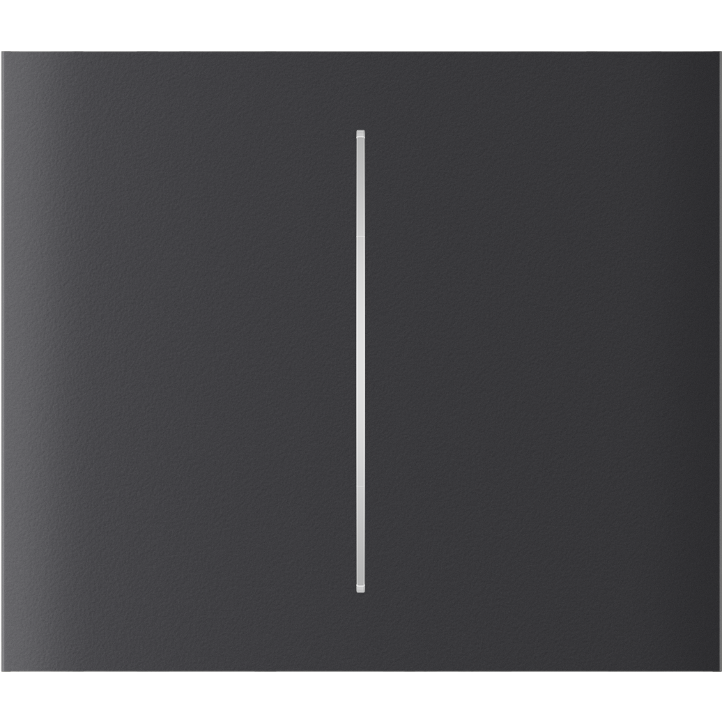 Ein minimalistischer, grauer Schalter mit einem vertikalen, schmalen Streifen in der Mitte.