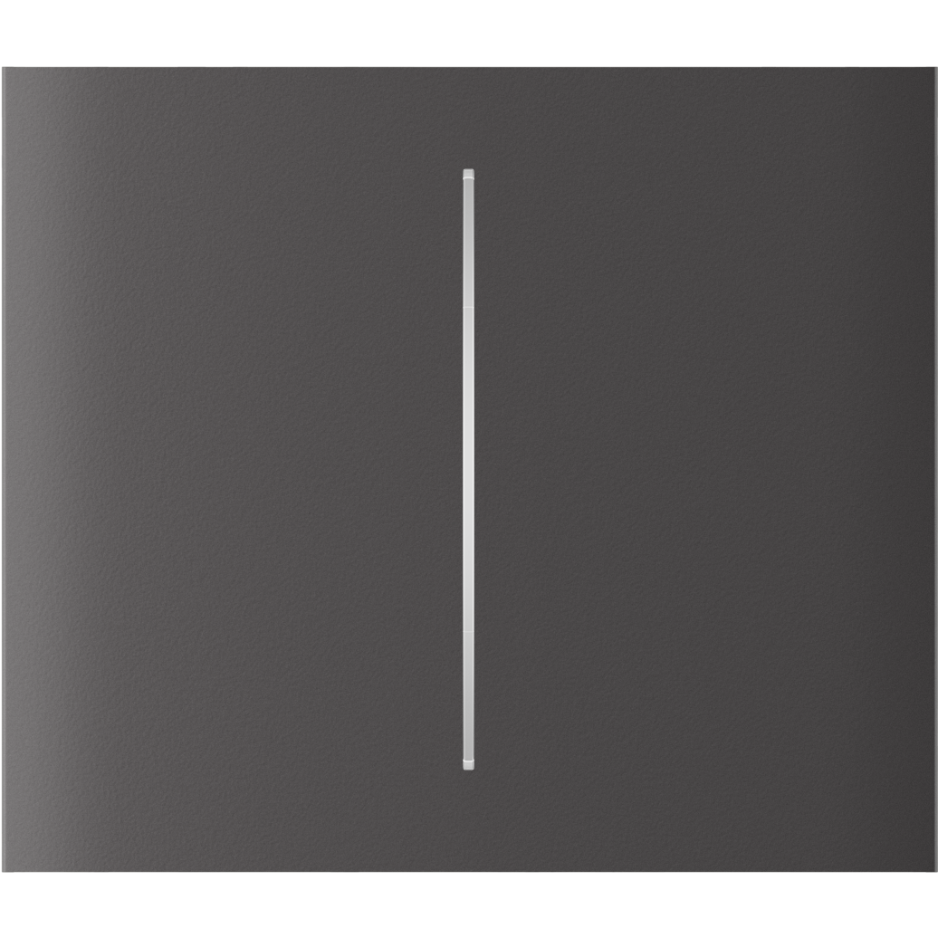 Ein grauer, minimalistischer Lichtschalter mit einem vertikalen Streifen in der Mitte.