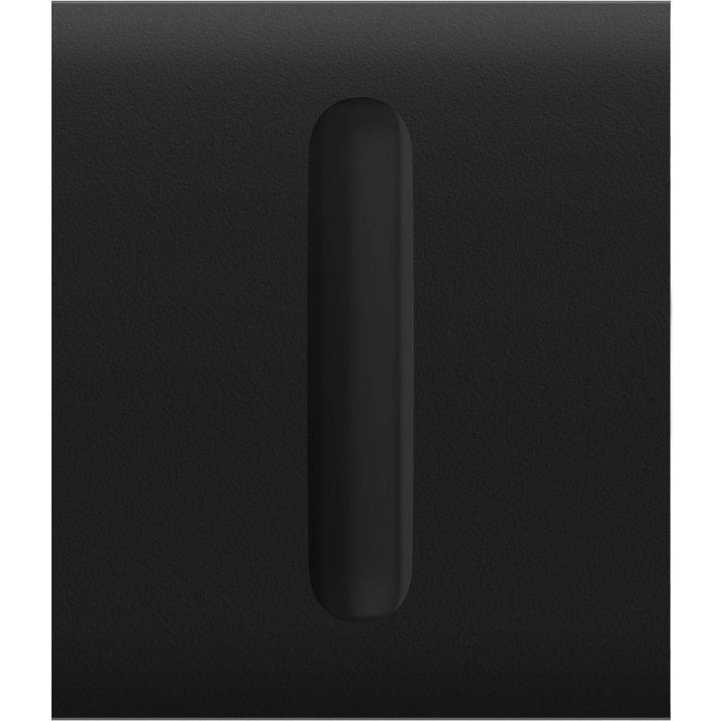 Ein schwarzer, rechteckiger Gegenstand mit einem länglichen, vertikal zentrierten Schlitz.