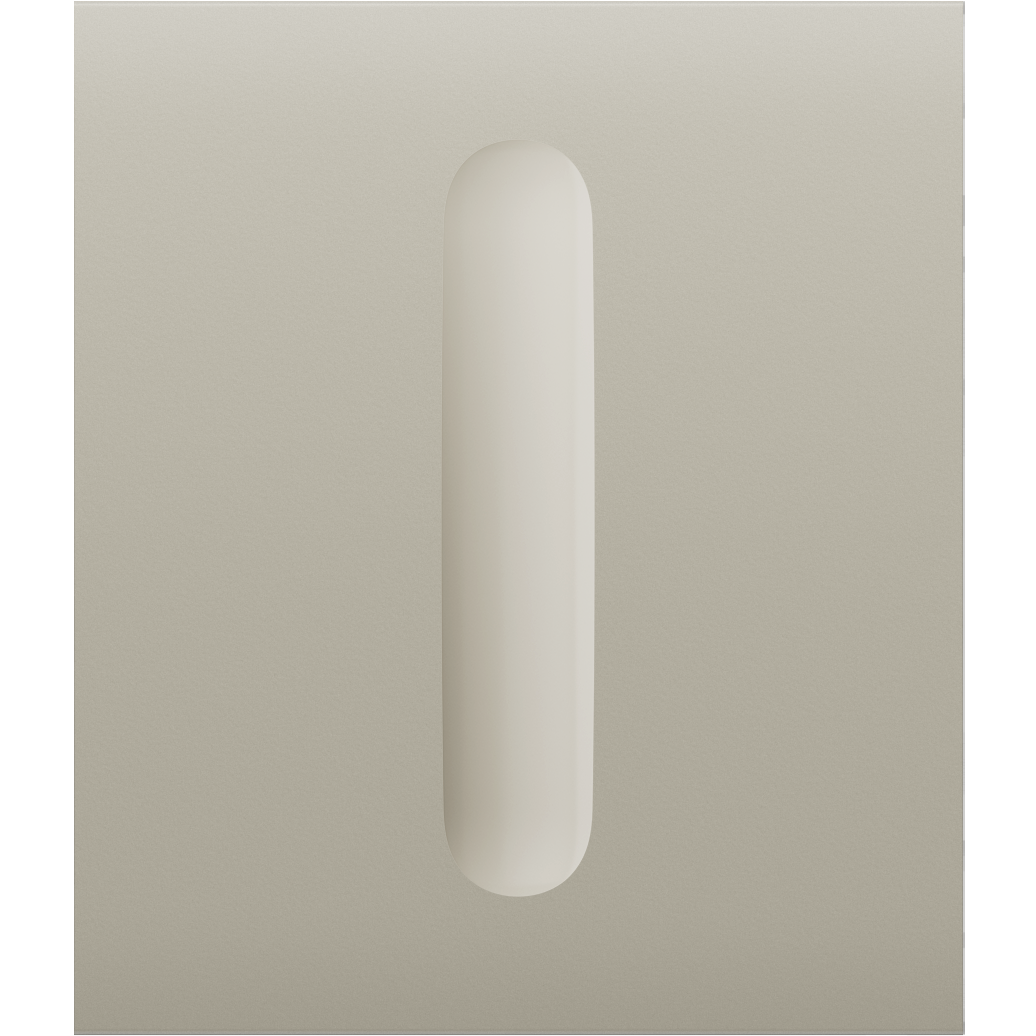 Ein rechteckiger, cremefarbener Lichtschalter mit abgerundeter Vertiefung in der Mitte.