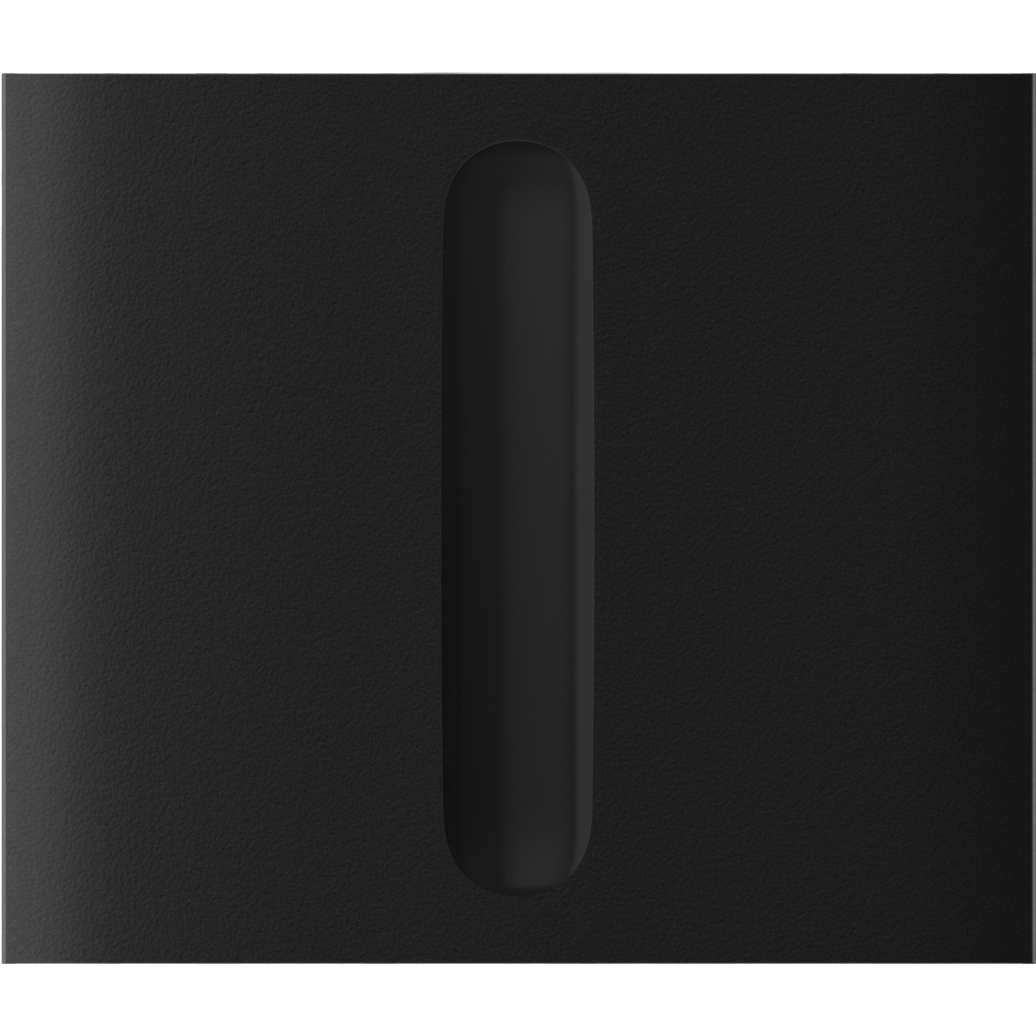 Ein schwarzes Objekt mit einer vertikalen ovalen Einkerbung in der Mitte.