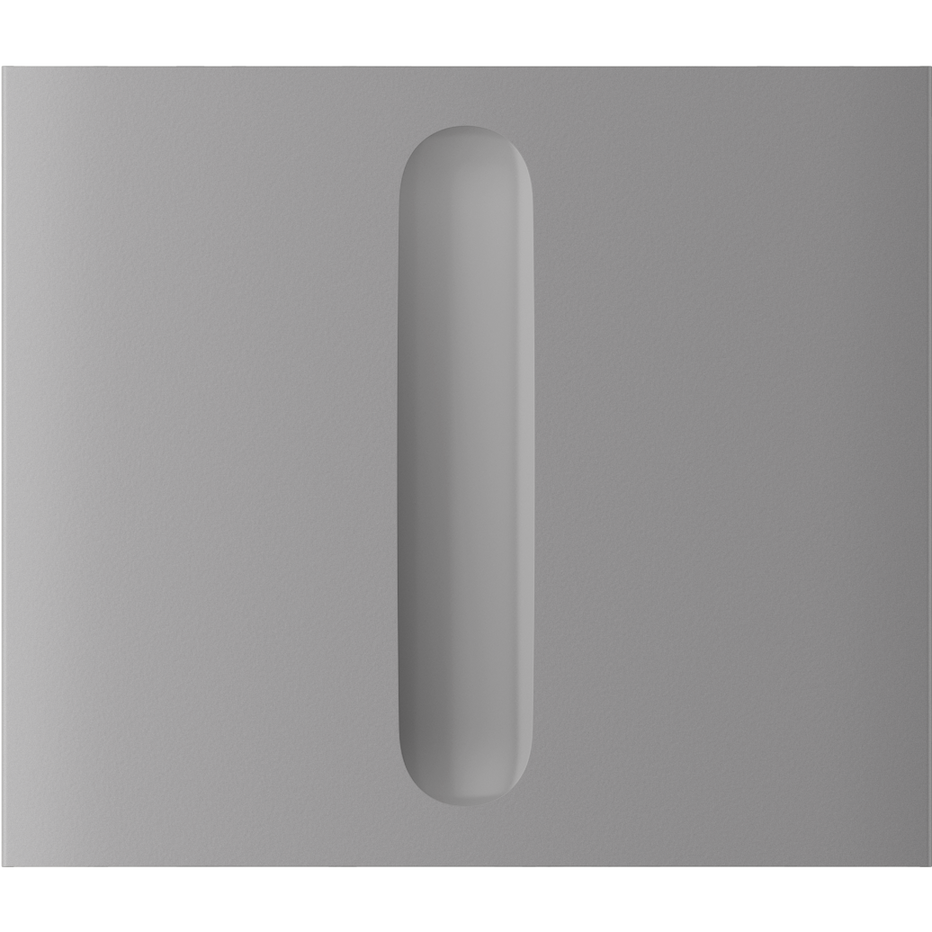 Eine glatte, silberne Fläche mit einem vertikalen, ovalen Ausschnitt in der Mitte.