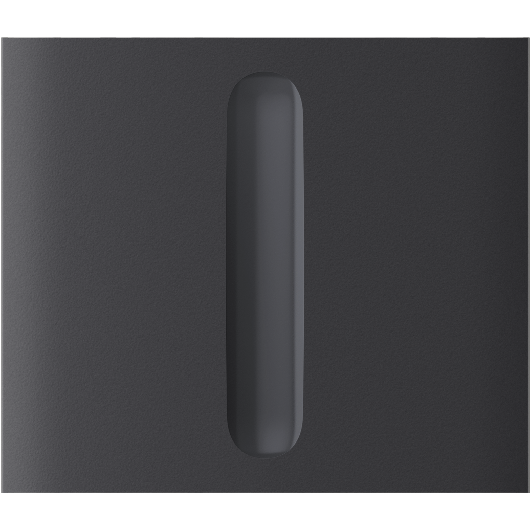 Nahaufnahme eines schwarzen Geräts mit einem vertikalen, länglichen Knopf in der Mitte.