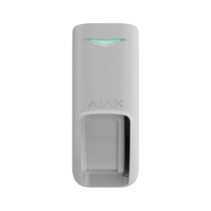 Ein weißer Bewegungsmelder mit einem beleuchteten grünen Pfeil und dem Text "AJAX" auf der Vorderseite.