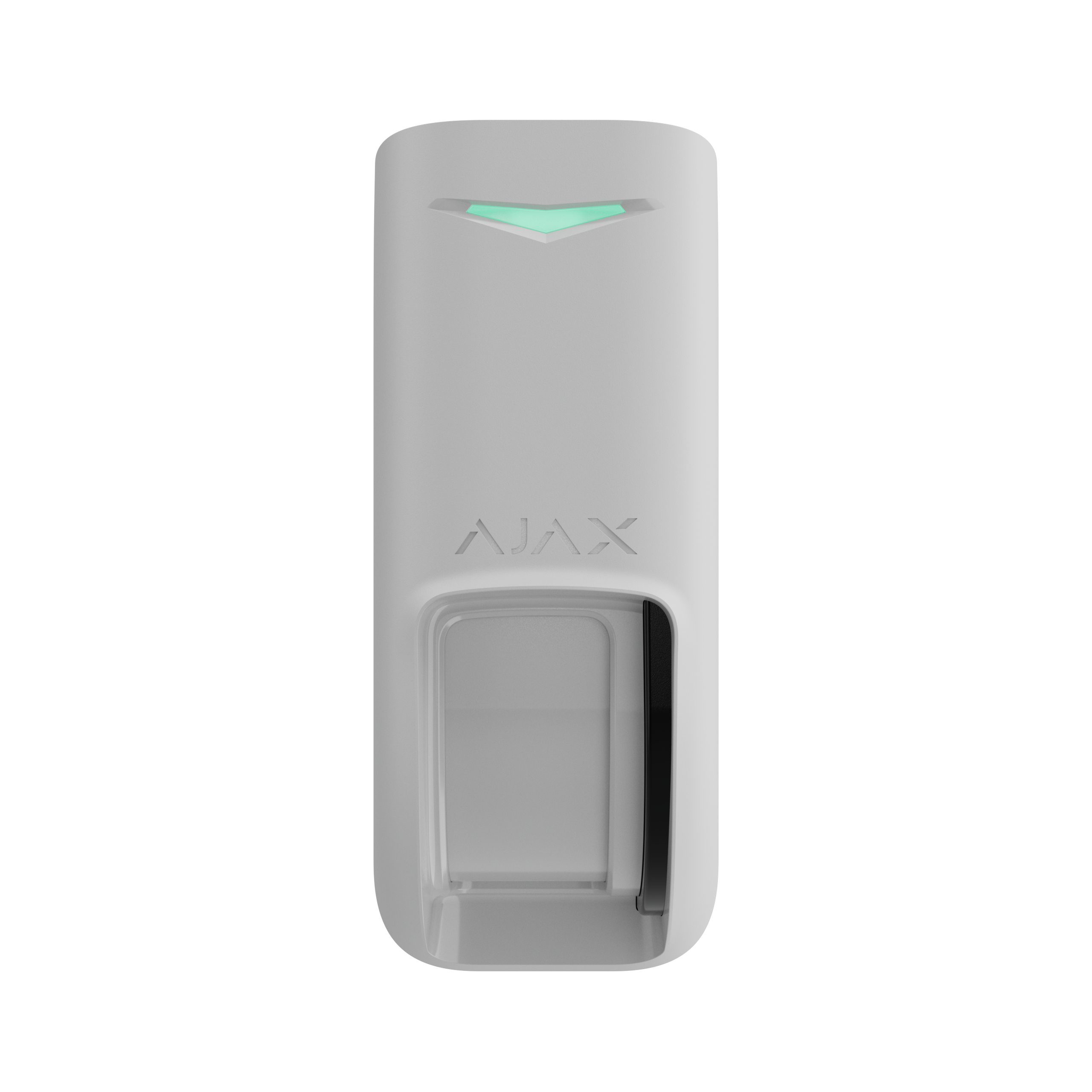 Ein weißer Bewegungsmelder mit einem beleuchteten grünen Pfeil und dem Text "AJAX" auf der Vorderseite.