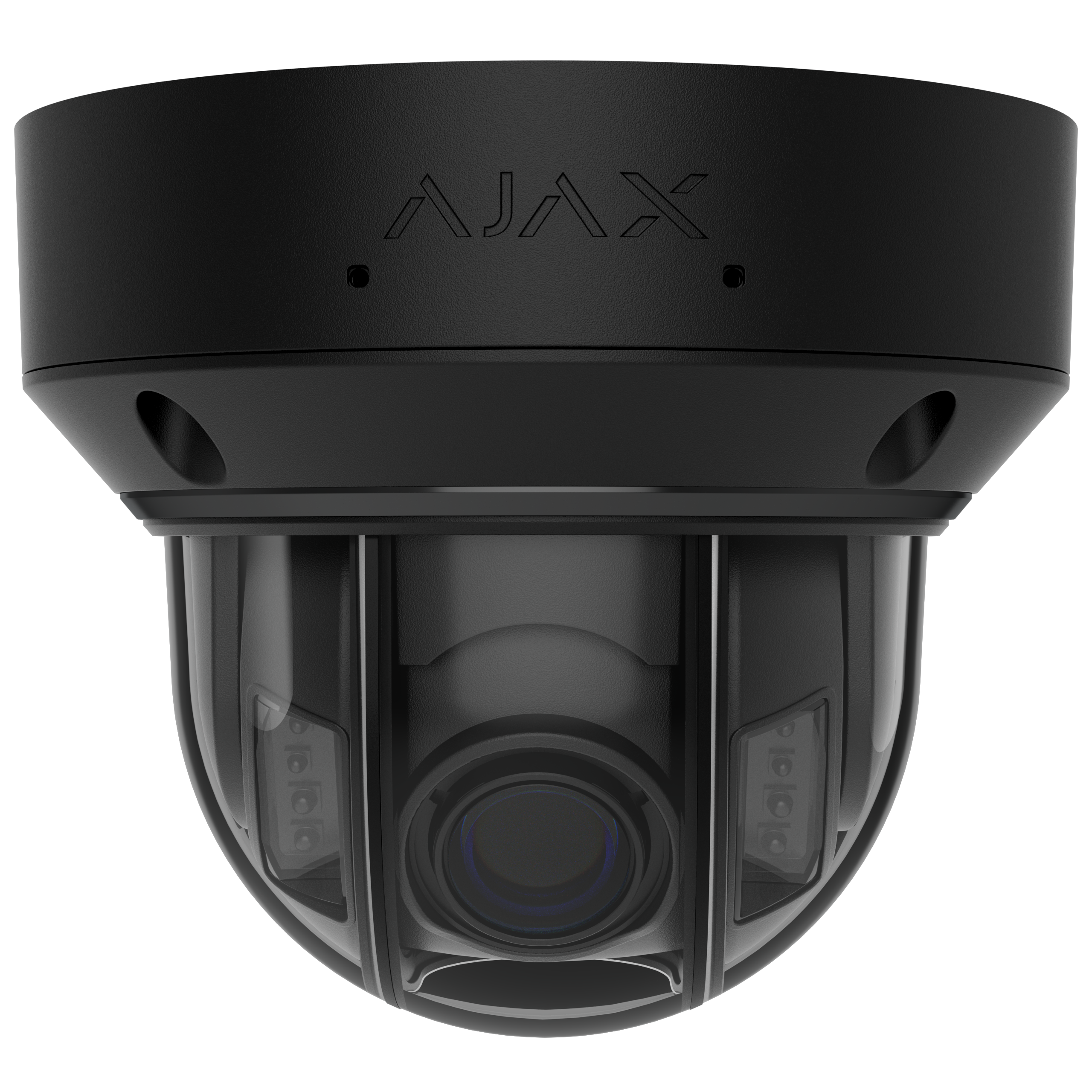 Schwarze Überwachungskamera mit Kuppel, Marke AJAX, zeigt vordere Linse und Sensoren.