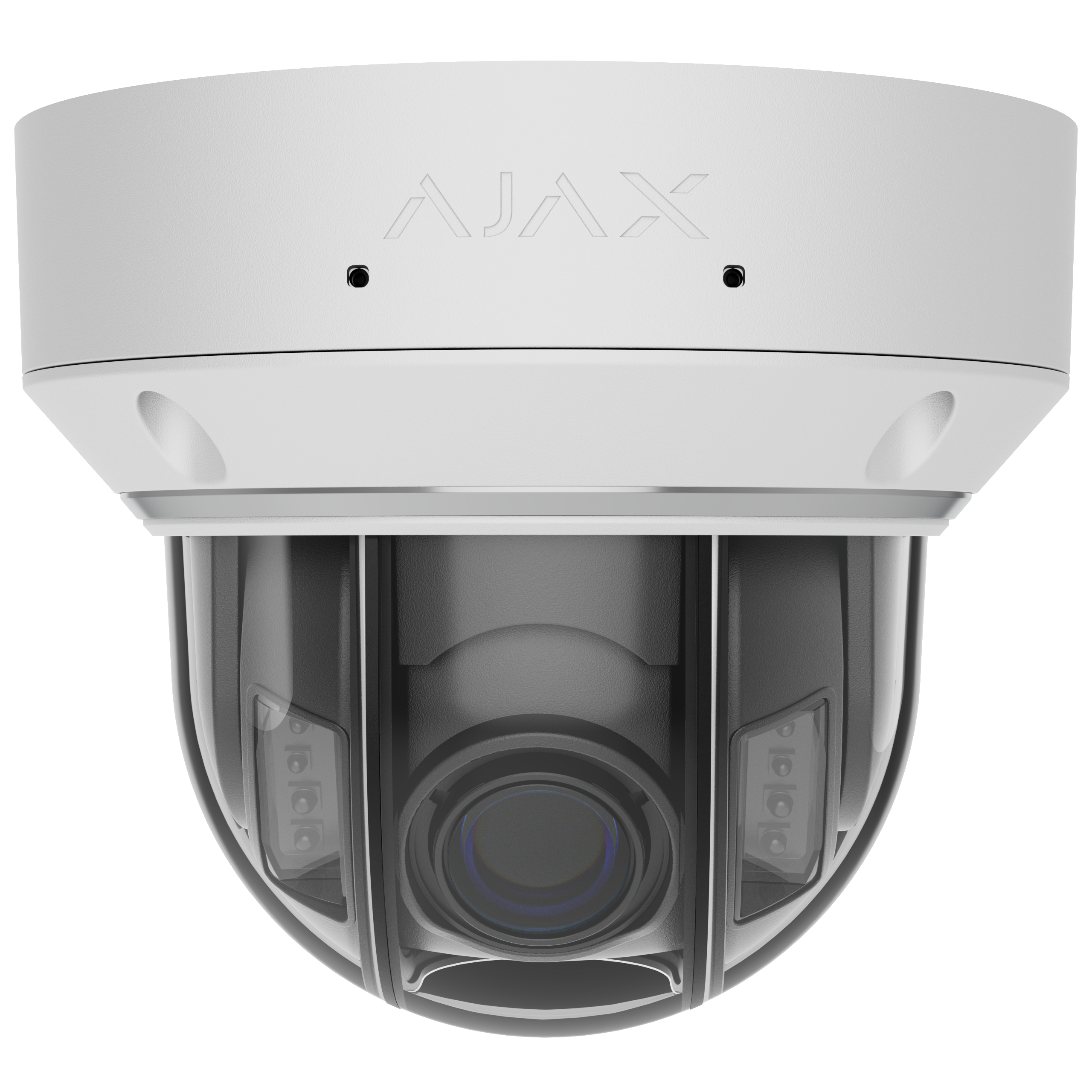 Weiße Überwachungskamera von AJAX mit einem kuppelförmigen Gehäuse und sichtbarer Linse.