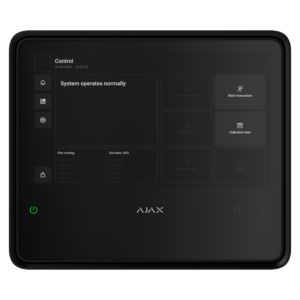 Ein Kontrollpanel mit einem Bildschirm zeigt den Status "System operates normally" und mehrere Tastenoptionen.
