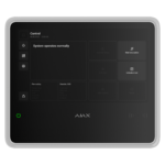 Schwarzes Smart-Home-Bedienfeld mit Display, das anzeigt, dass das System normal arbeitet; Schaltflächen und Symbole sind sichtbar.