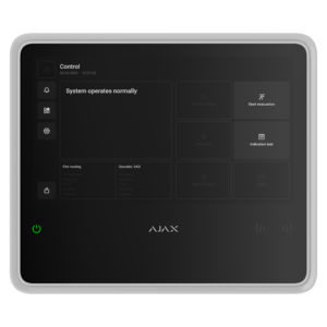 Schwarzes Smart-Home-Bedienfeld mit Display, das anzeigt, dass das System normal arbeitet; Schaltflächen und Symbole sind sichtbar.