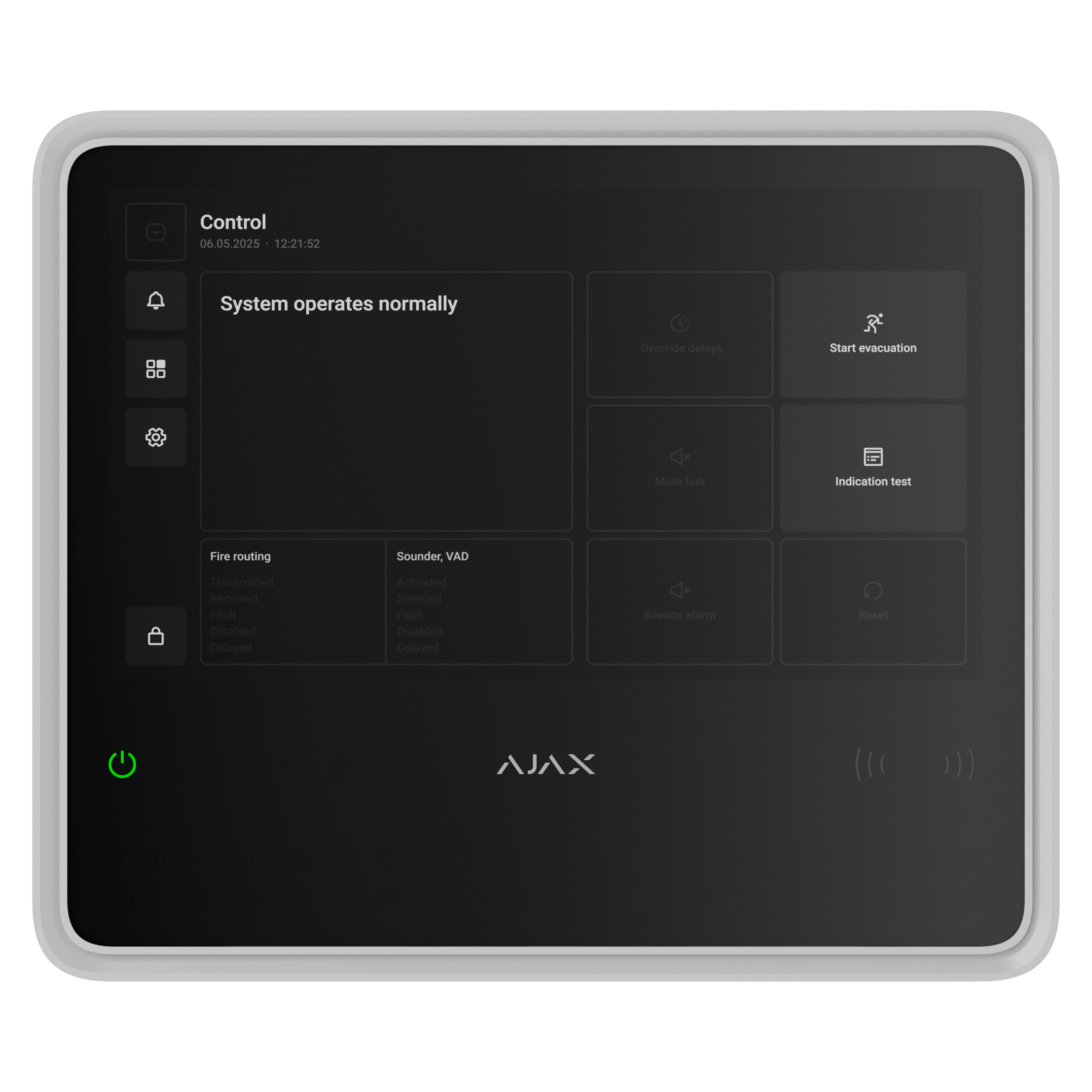 Schwarzes Smart-Home-Bedienfeld mit Display, das anzeigt, dass das System normal arbeitet; Schaltflächen und Symbole sind sichtbar.