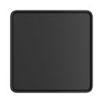 Quadratisches schwarzes Gerät mit abgerundeten Ecken und minimalem Design; zwei kleine Punkte oben.