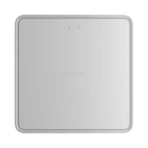 Ein weißes, quadratisches Gerät mit abgerundeten Ecken und dem Markenlogo "AJAX" in der Mitte.