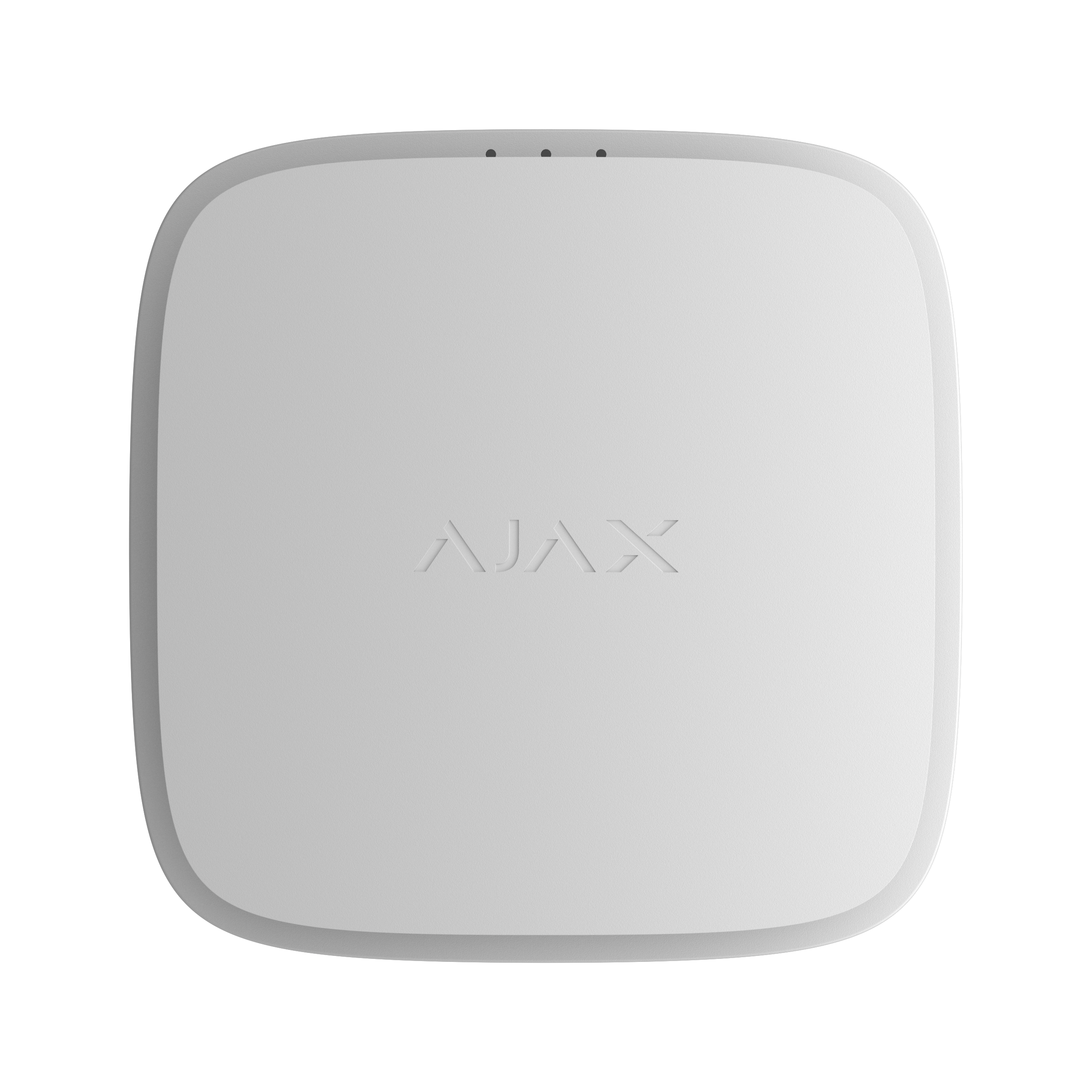Weißes, quadratisches Gerät mit abgerundeten Ecken und dem Schriftzug "AJAX" in der Mitte.