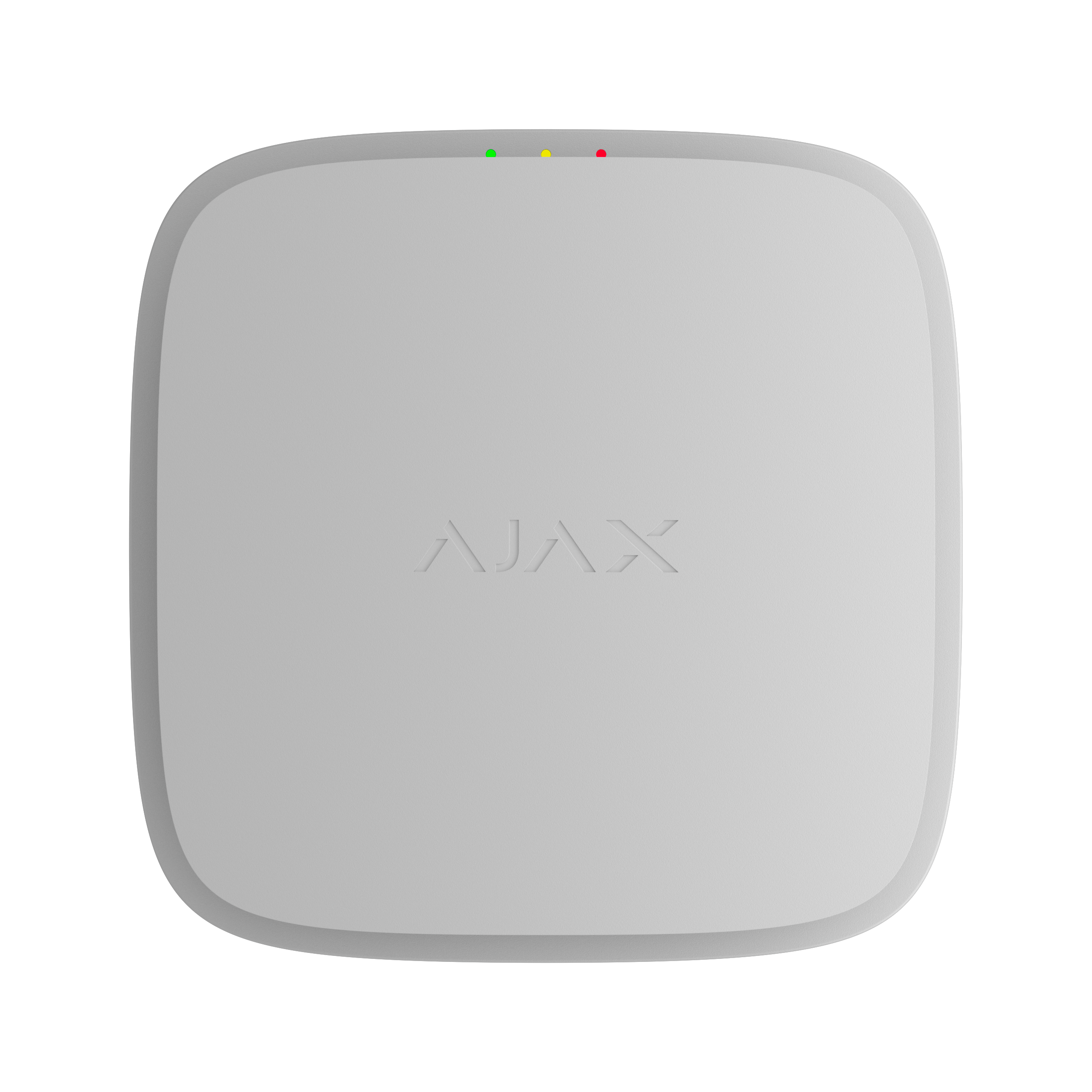 Ein weißes quadratisches Gerät mit der Aufschrift "AJAX" und kleinen LED-Anzeigen in Rot, Gelb und Grün auf der Oberseite.