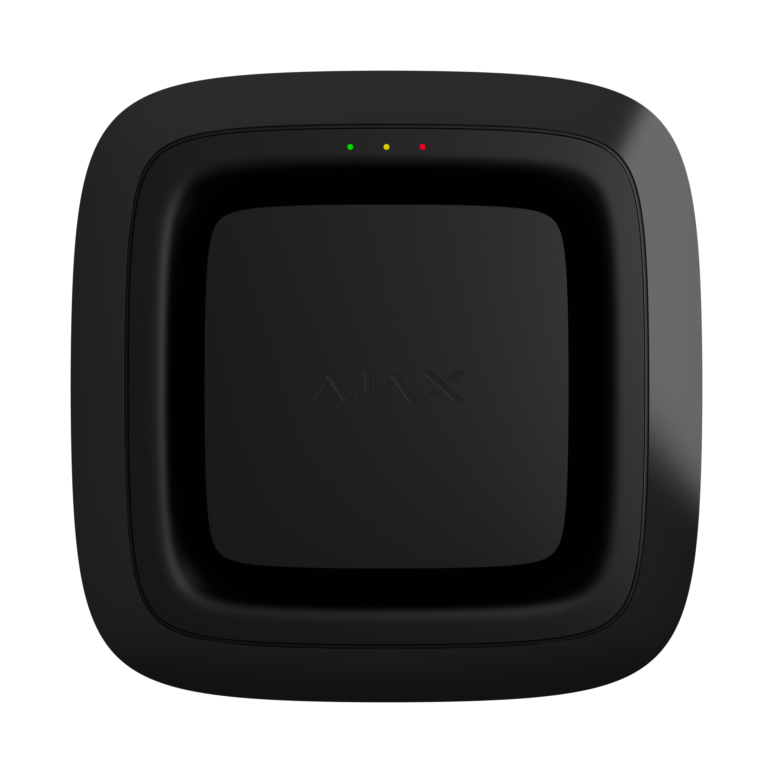 Ein quadratisches, schwarzes Gerät mit dem Schriftzug "AJAX" und zwei LED-Lampen oben.