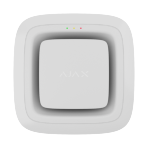 Weißer quadratischer Rauchmelder mit dem Markennamen "AJAX" und zwei kleinen LED-Anzeigen.