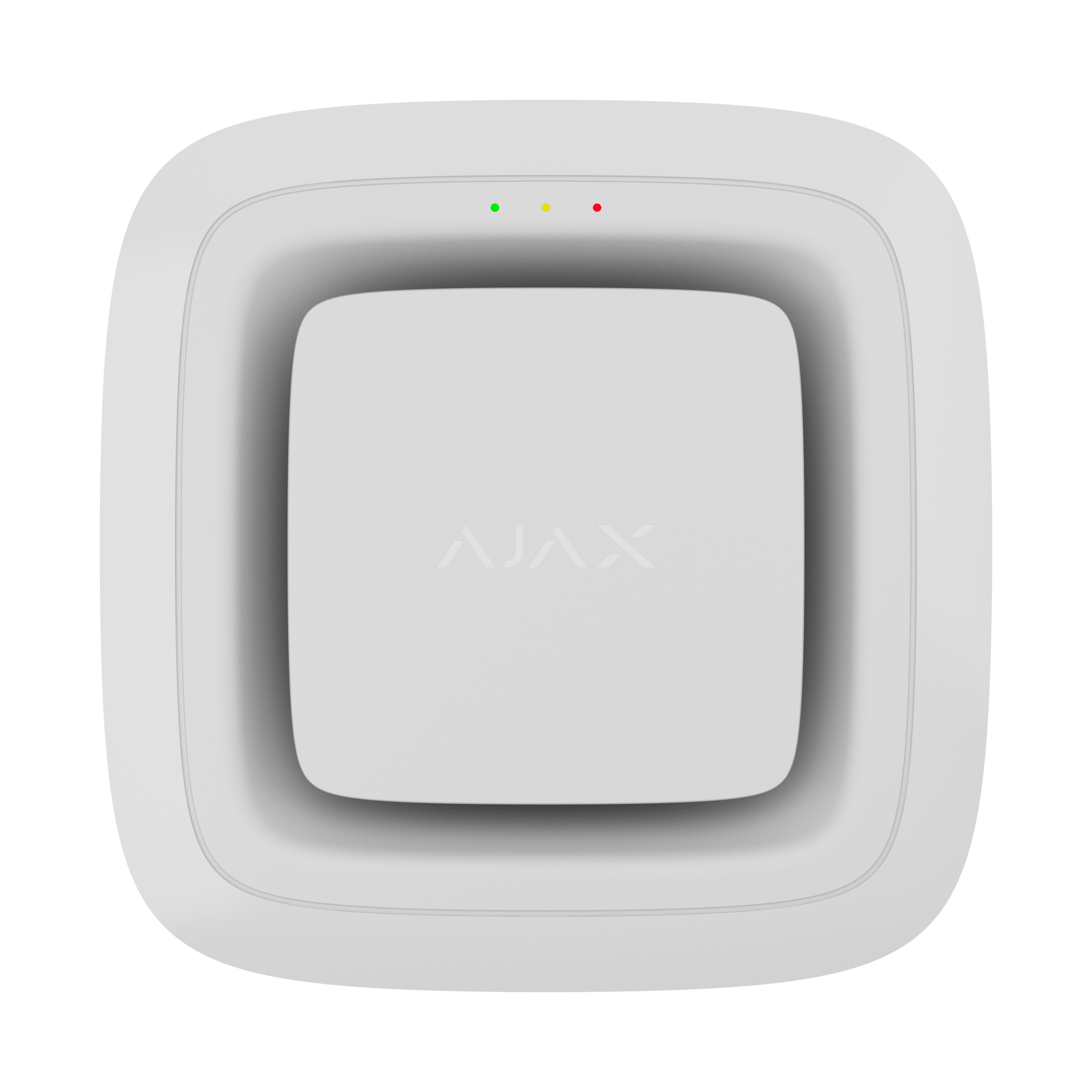 Weißer quadratischer Rauchmelder mit dem Markennamen "AJAX" und zwei kleinen LED-Anzeigen.