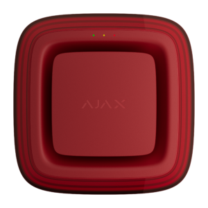 Quadratisches, rotes Gerät mit der Aufschrift "AJAX" und zwei leuchtenden LEDs oben in Grün und Orange.