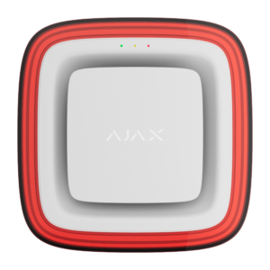 Weißer quadratischer Rauchmelder mit rotem Rand und dem Wort "AJAX" in der Mitte, grüne und rote LED-Anzeigen oben.