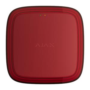 Rotes, quadratisches Gerät mit abgerundeten Ecken und zwei kleinen Lichtern oben; der Schriftzug "AJAX" ist in der Mitte sichtbar.
