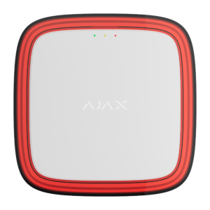 Rotes und weißes Ajax-Gerät mit drei kleinen LEDs auf der Oberseite.