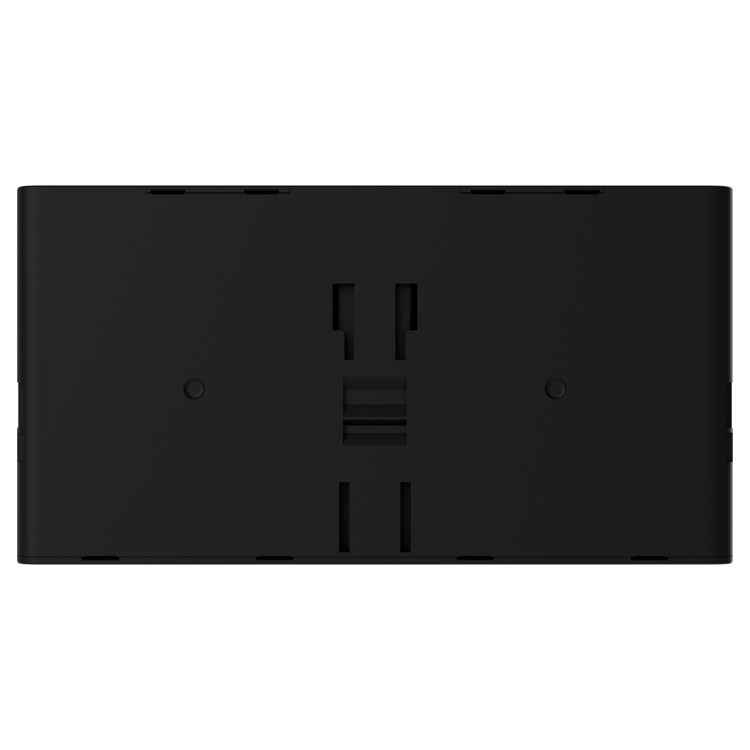 Schwarzes rechteckiges Objekt mit mehreren Schlitzen und Öffnungen auf der Oberfläche.