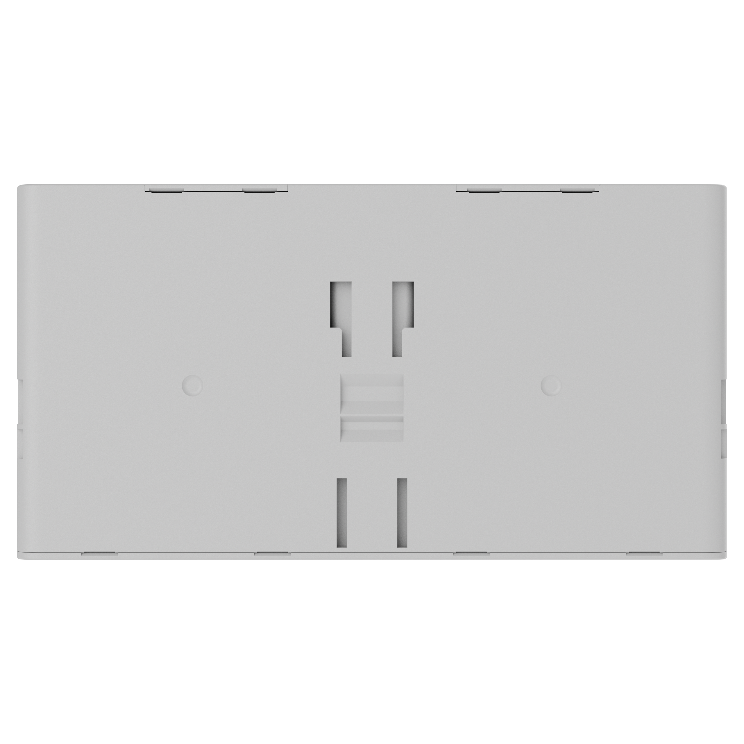 Weiße rechteckige Abdeckung mit mehreren Schlitzen und Löchern.