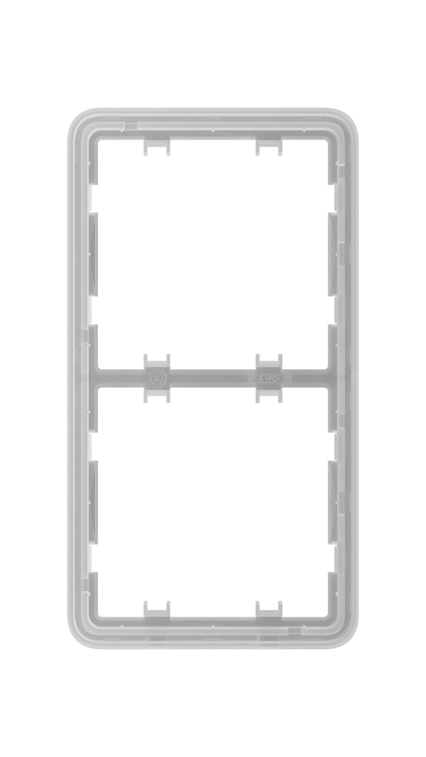 Transparenter Kunststoffrahmen mit zwei großen rechteckigen Öffnungen auf schwarzem Hintergrund.