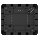 Rückseite eines schwarzen rechteckigen Gerätes mit mehreren Schraubenlöchern und zwei kleinen grünen LEDs.