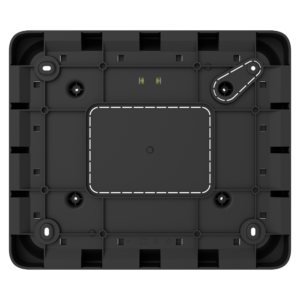Rückseite eines schwarzen rechteckigen Gerätes mit mehreren Schraubenlöchern und zwei kleinen grünen LEDs.