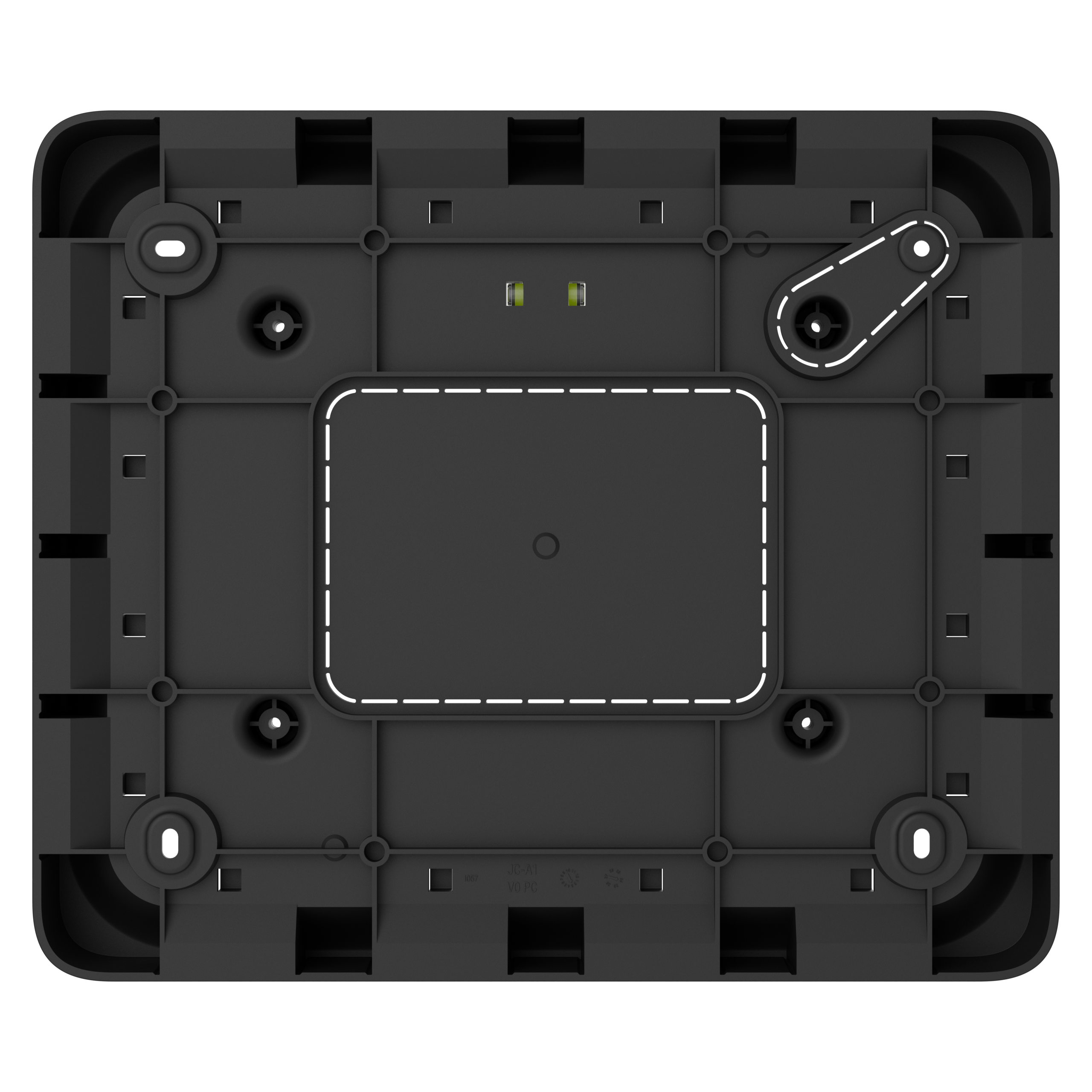 Rückseite eines schwarzen rechteckigen Gerätes mit mehreren Schraubenlöchern und zwei kleinen grünen LEDs.