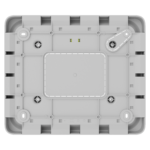 Rückseite eines grauen rechteckigen Geräts mit mehreren Befestigungspunkten und zwei kleinen LED-Anzeigen.
