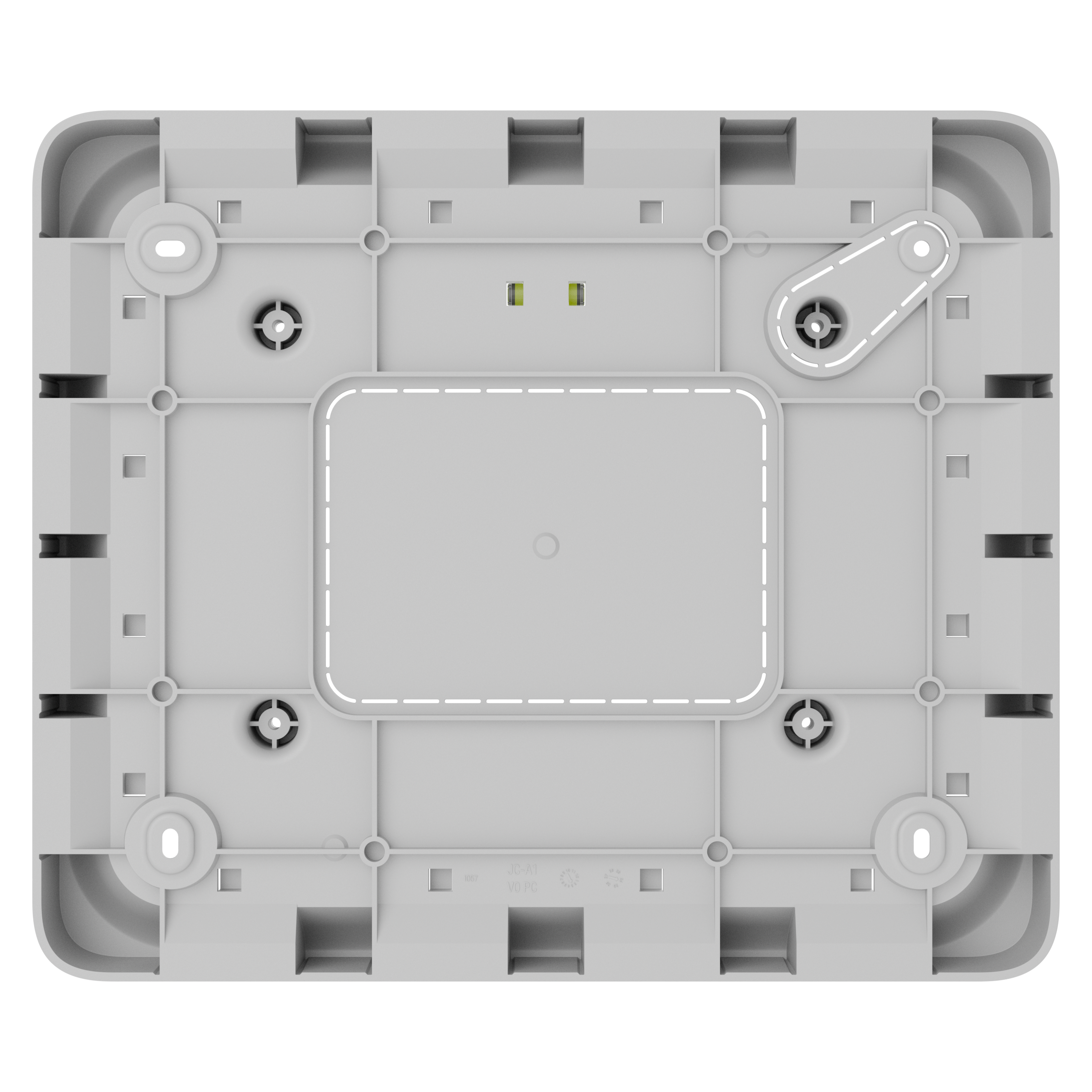 Rückseite eines grauen rechteckigen Geräts mit mehreren Befestigungspunkten und zwei kleinen LED-Anzeigen.
