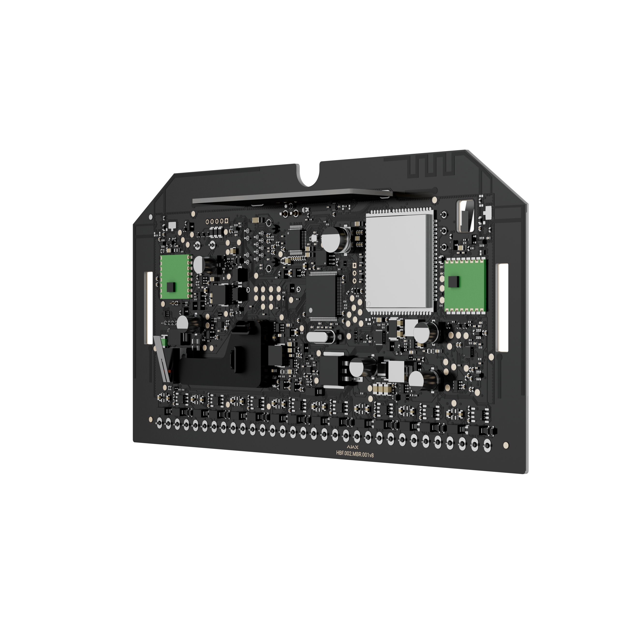 Eine schwarze elektronische Leiterplatte mit verschiedenen Chips und Komponenten auf schwarzem Hintergrund.