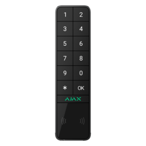 Schwarzes numerisches Tastenfeld mit Tasten von 1 bis 9, Stern, "OK"-Taste und grünem "AJAX"-Logo.