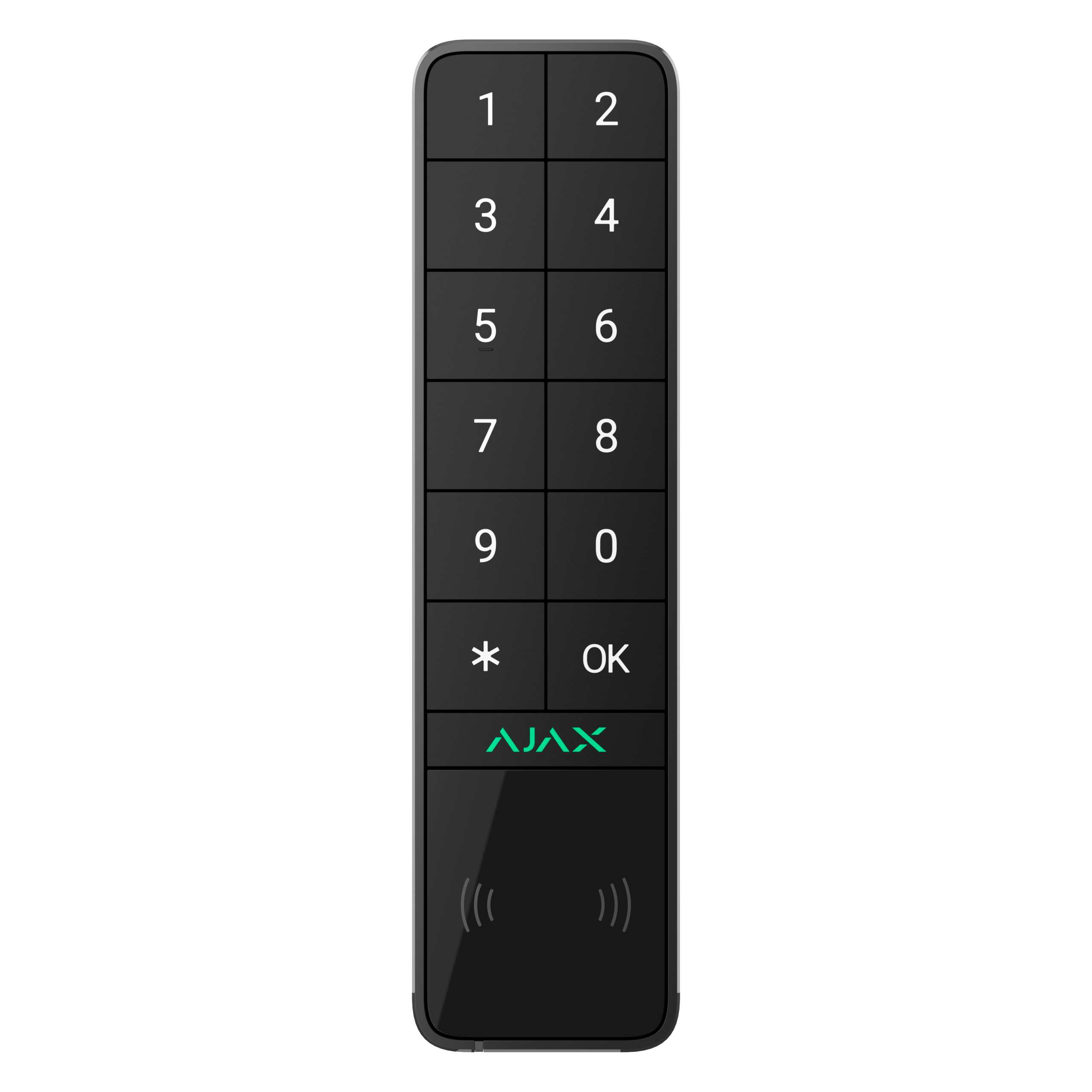 Schwarzes numerisches Tastenfeld mit Tasten von 1 bis 9, Stern, "OK"-Taste und grünem "AJAX"-Logo.