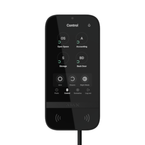 Schwarzes Touchscreen-Gerät mit Symbolen für "Open Space", "Accounting", "Storage" und "Back Door" sowie Tasten für Arm, Disarm und Night Mode.