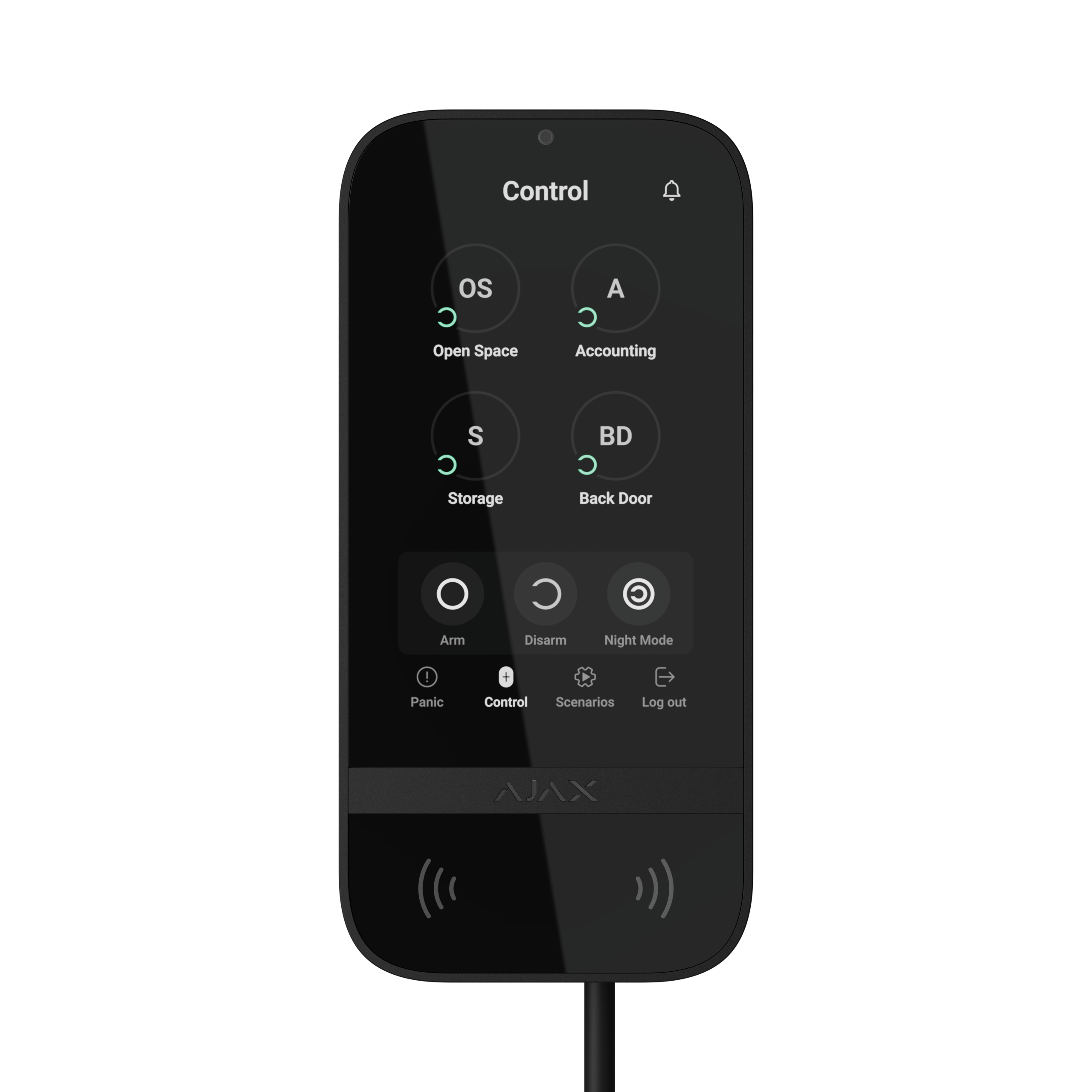 Schwarzes Touchscreen-Gerät mit Symbolen für "Open Space", "Accounting", "Storage" und "Back Door" sowie Tasten für Arm, Disarm und Night Mode.