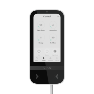 Ein modernes Touchscreen-Gerät mit verschiedenen Steuerungsoptionen für Türen und Räume.