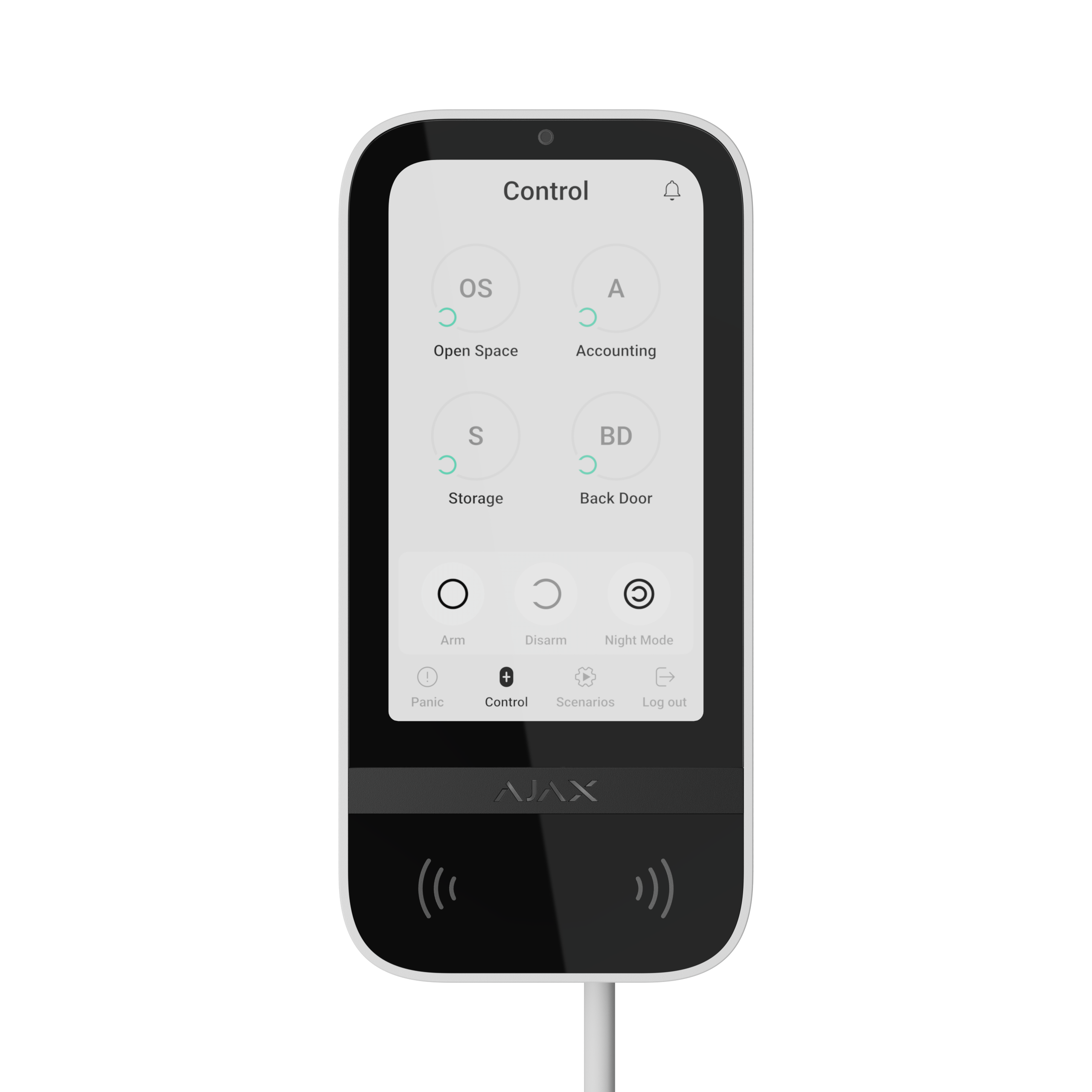 Ein modernes Touchscreen-Gerät mit verschiedenen Steuerungsoptionen für Türen und Räume.