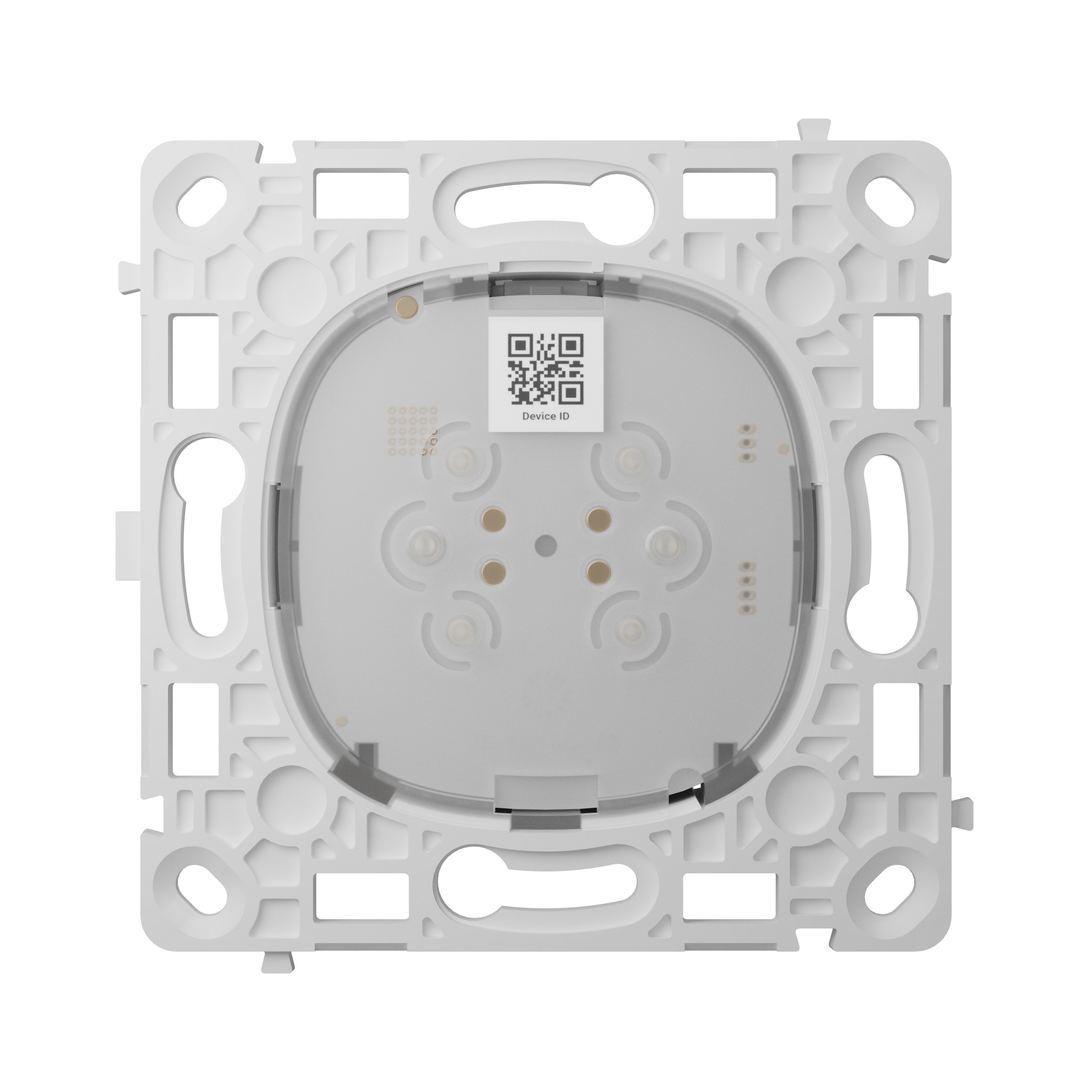 Ein weißer elektronischer Schalterrahmen mit einem QR-Code und mehreren Kontakten auf der Vorderseite.
