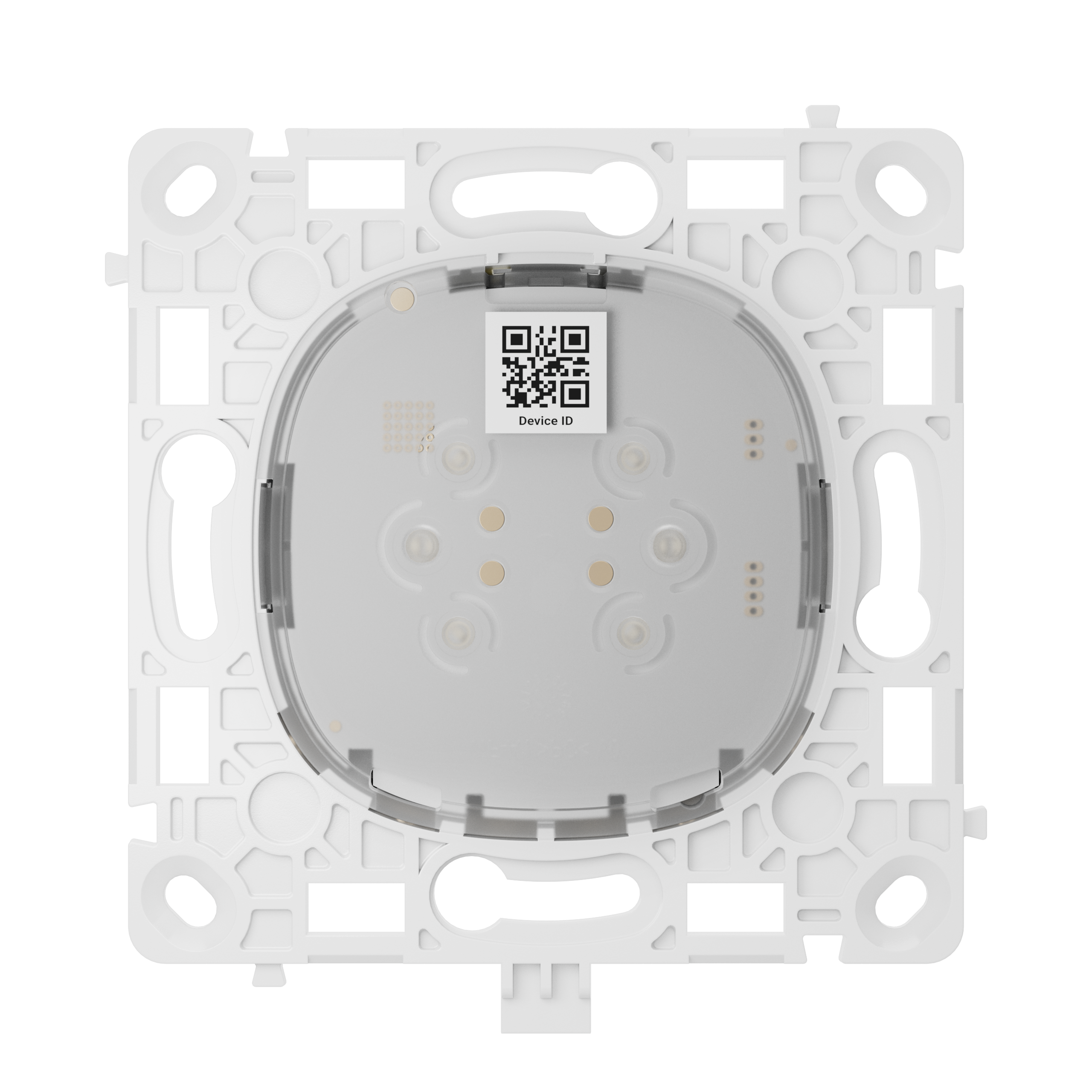 Nahaufnahme einer elektrischen Schaltereinheit mit QR-Code in der Mitte auf weißem Kunststoffrahmen.