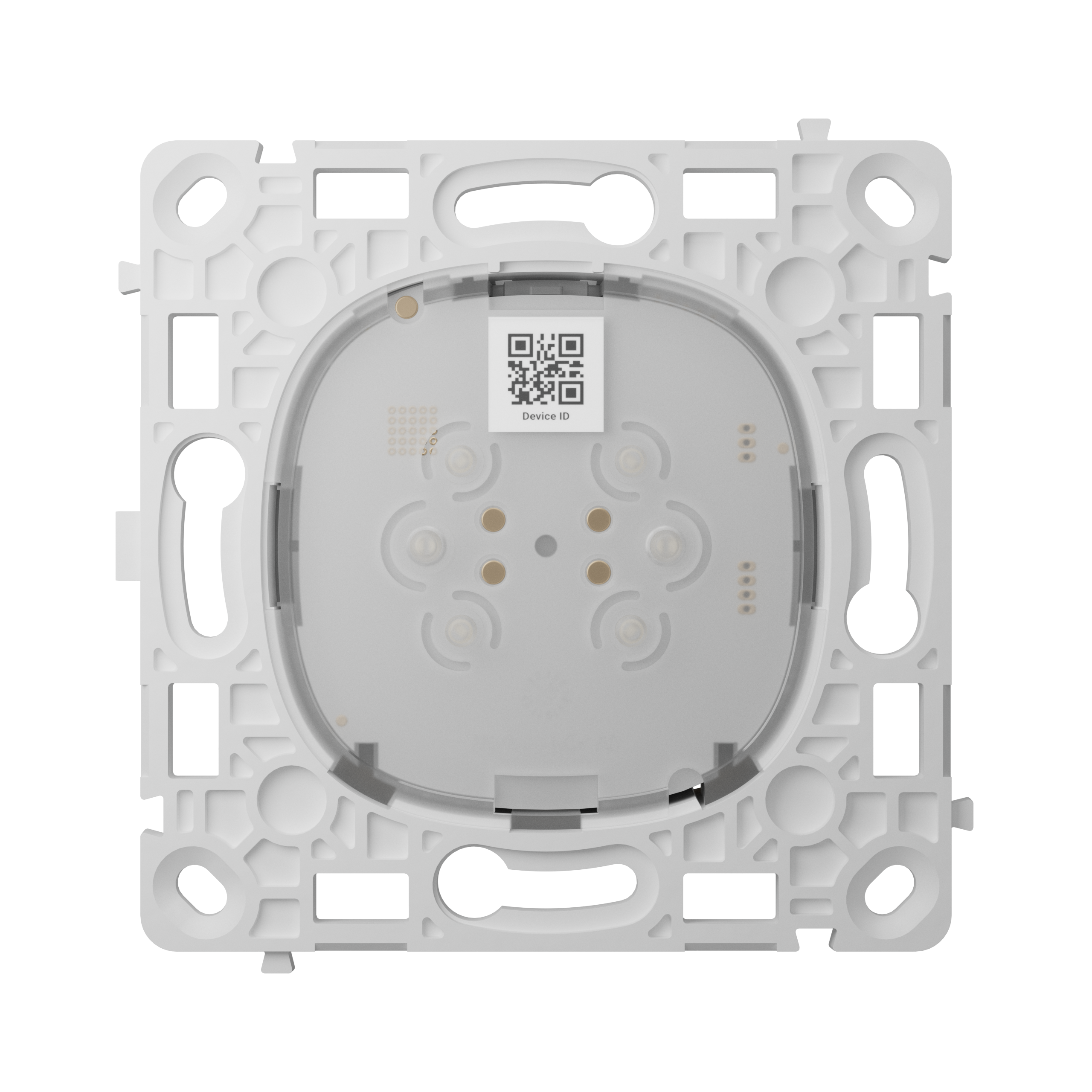 Quadratisches, weißes Kunststoffgehäuse mit einem QR-Code in der Mitte und mehreren Öffnungen.