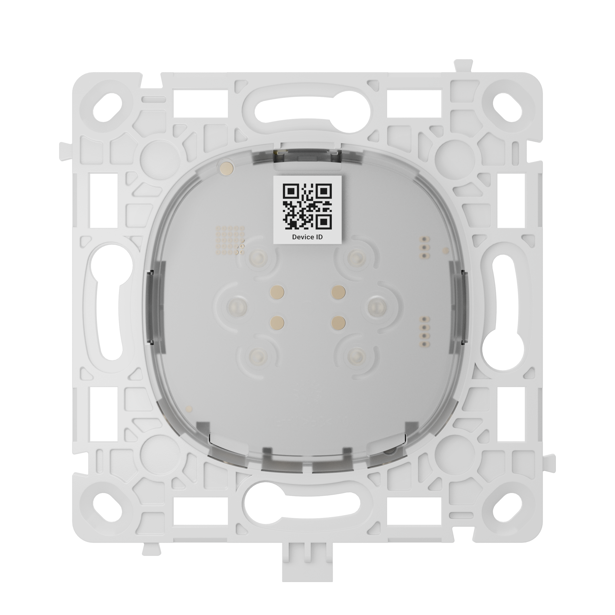 Ein quadratischer, weißer Montageaufsatz mit einer runden, durchsichtigen Mittelplatte, die einen QR-Code enthält.