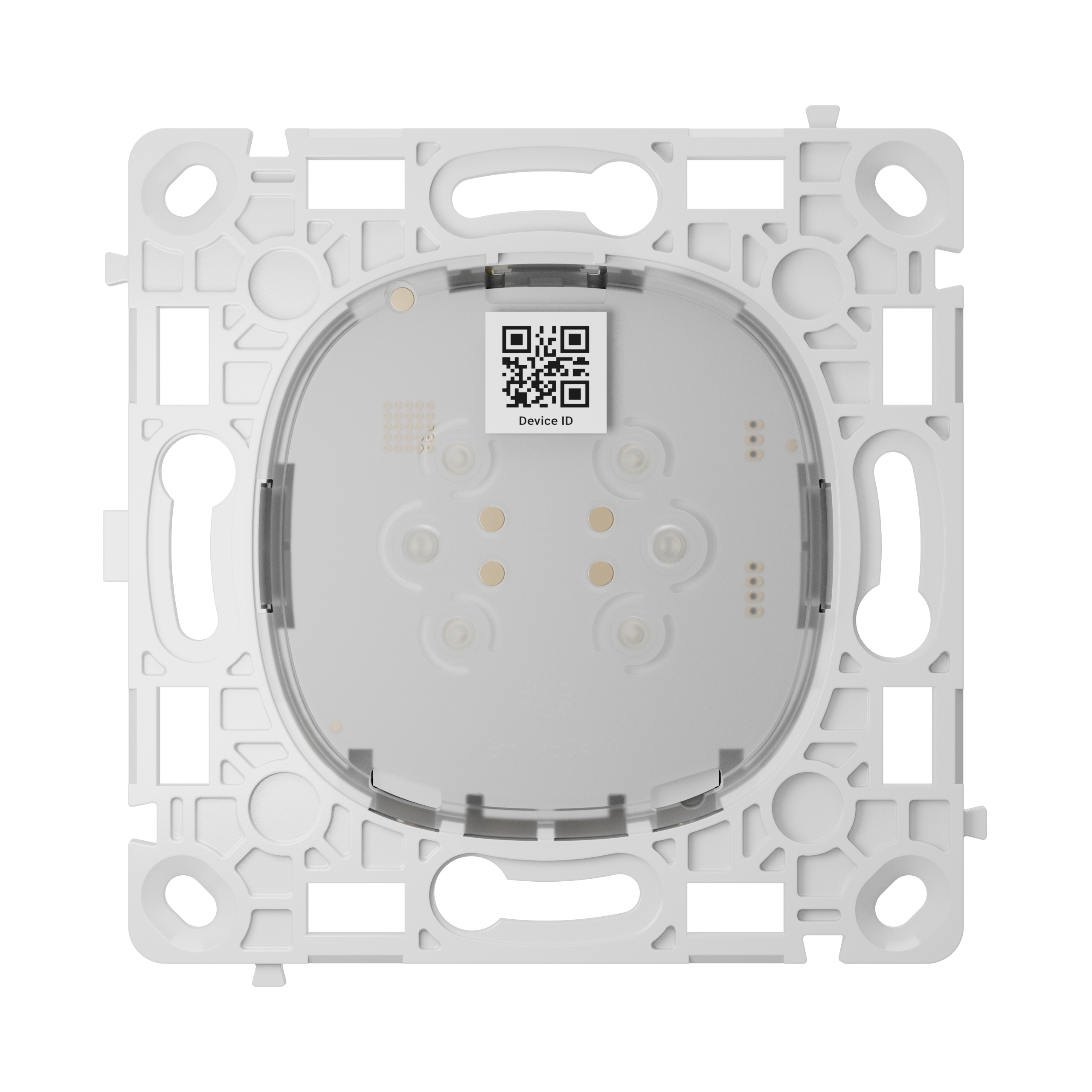 Ein kreisförmiges elektronisches Gerät mit QR-Code und Aufschrift "Device ID" auf einer quadratischen Montageplatte.