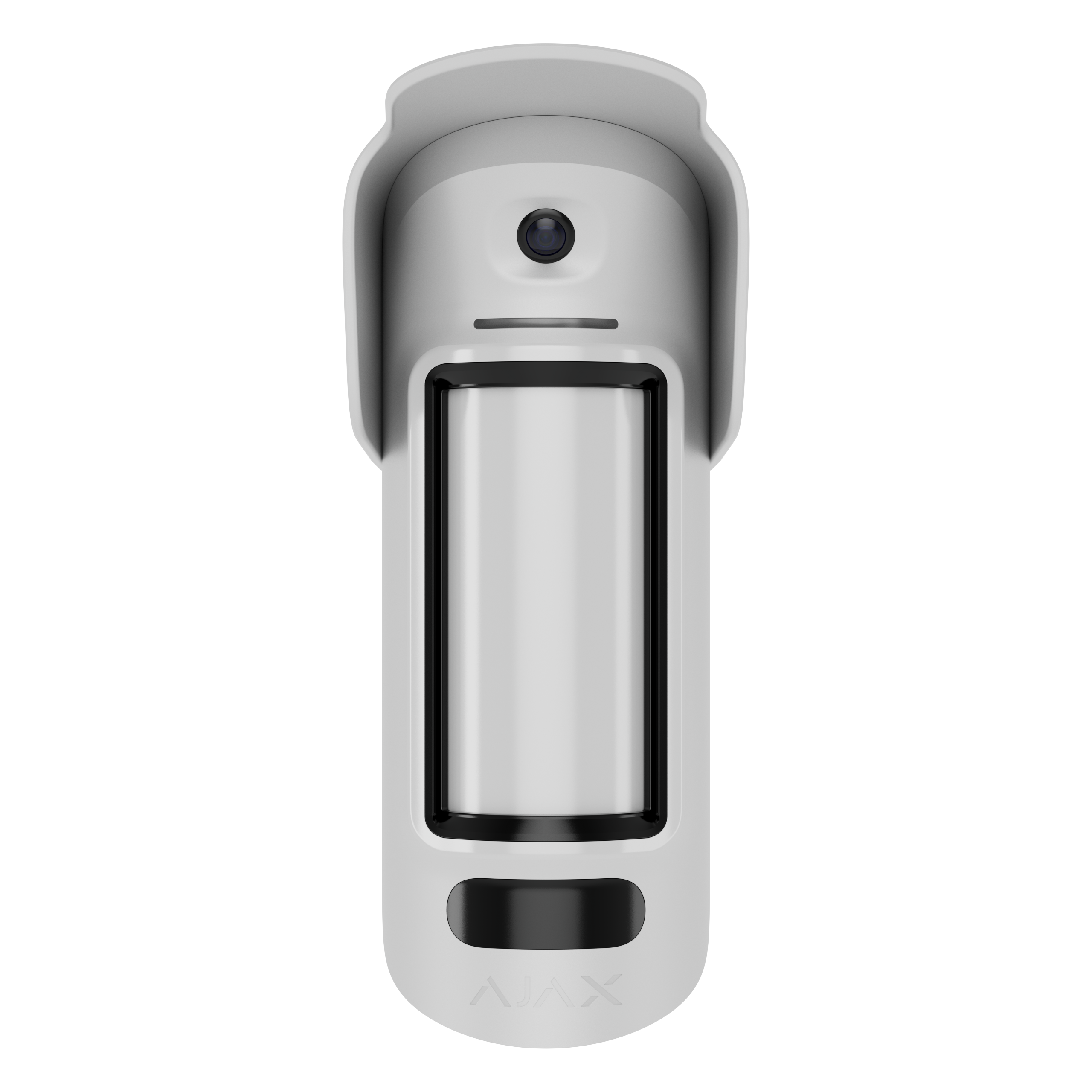 Sicherheitssensor mit Kamera und Bewegungsmelder, in einem weißen Gehäuse integriert.